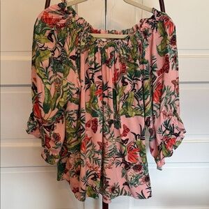 Tropical oversized Off Shoulder Boho Blouse Size 6 Pink Floral Peasant Top